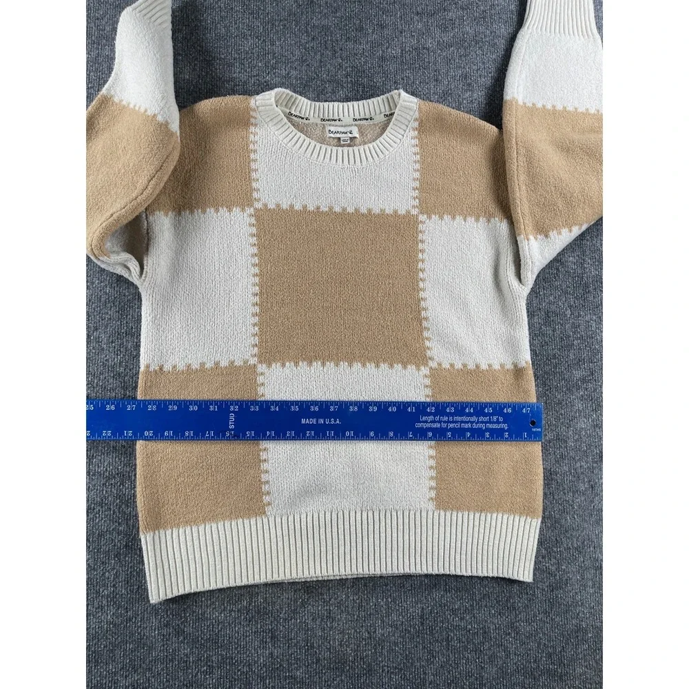Bearpaw Mens Checkerboard Crewneck Sweater Tan White Knit Pullover Large
